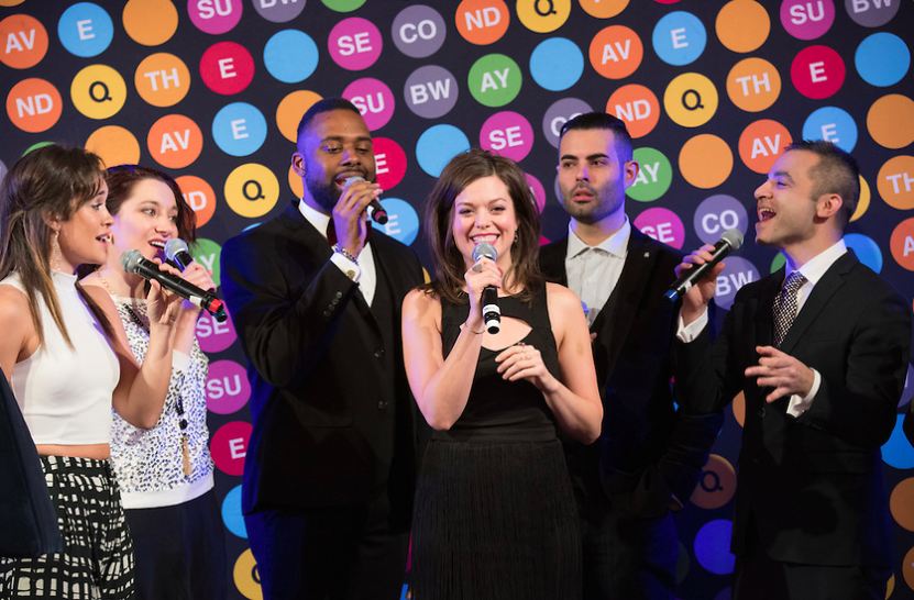 The cast of <em>In Transit</em> performs at the New Year's Party celebrating the opening of the 2nd Avenue Subway. Courtesy of <em>In Transit</em>.
