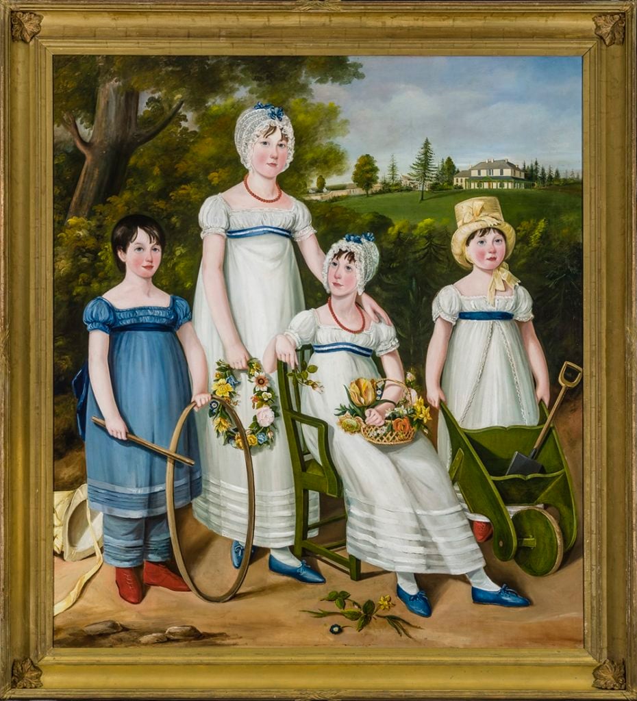 A portrait of four children in a country landscape (circa 1810) attributed to "English Naive School" at Hirschl and Adler. Courtesy Hirschl and Adler.