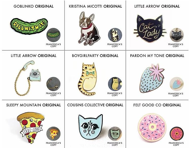 Side-by-side comparisons of the plaintiffs' pins and those sold by Francesca's. Courtesy pinfringement.com.
