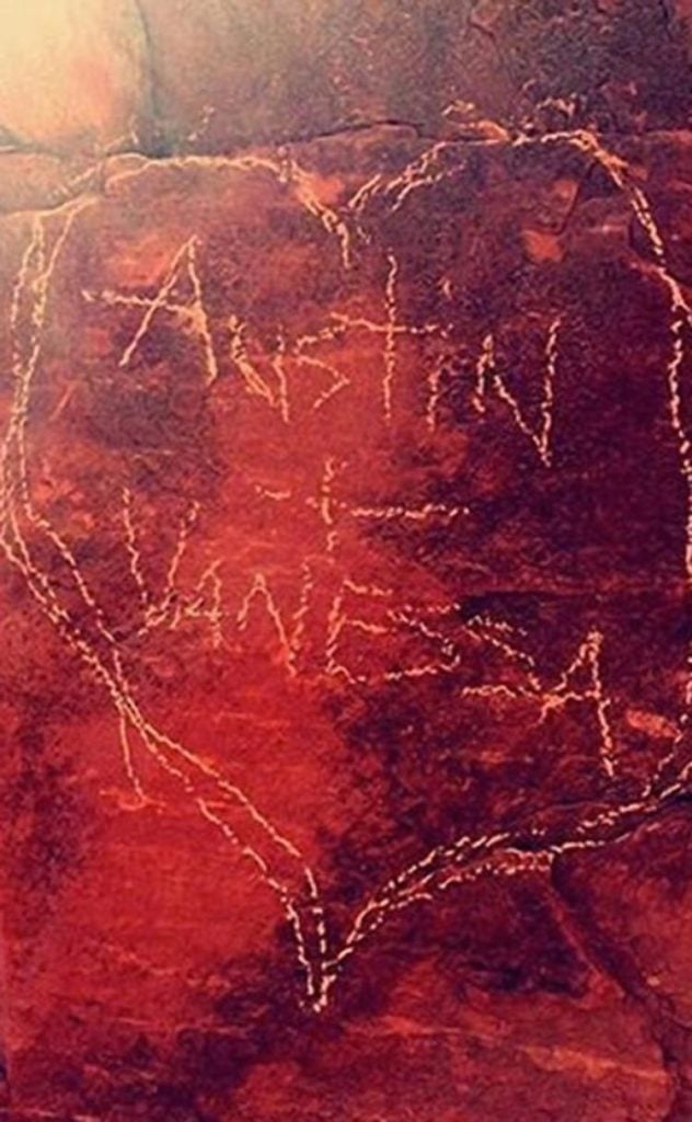 Vanessa Hudgens was fined $1,000 for this carving in a national forest in Arizona. Courtesy of Vanessa Hudgens. 