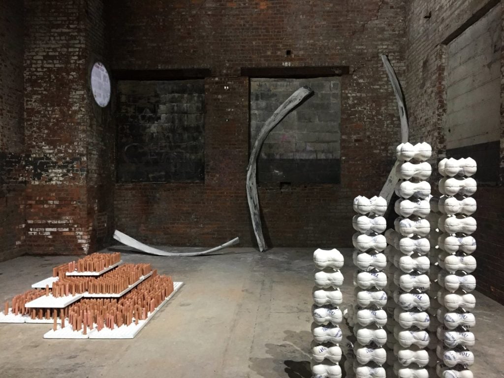 Installation view "Juliette Dumas and Sara Mejia Kriendler: 2020" at The Chimney, Brooklyn. Photo: courtesy of The Chimney, Brooklyn.