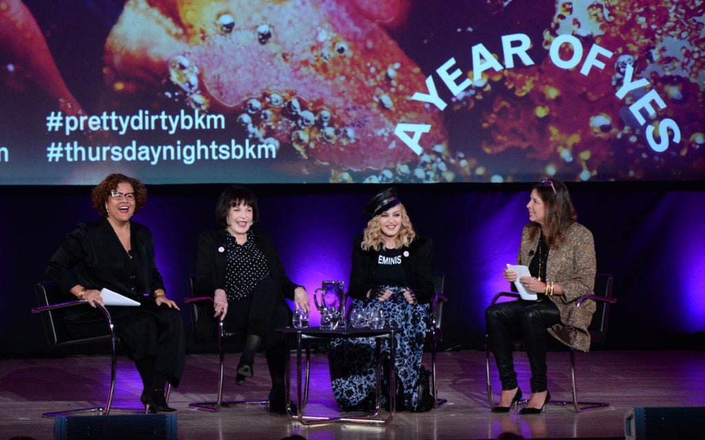 Elizabeth Alexander, Marilyn Minter, Madonna, and Anne Pasternak at the Brooklyn Museum. Courtesy of Kevin Mazur/Getty Images.