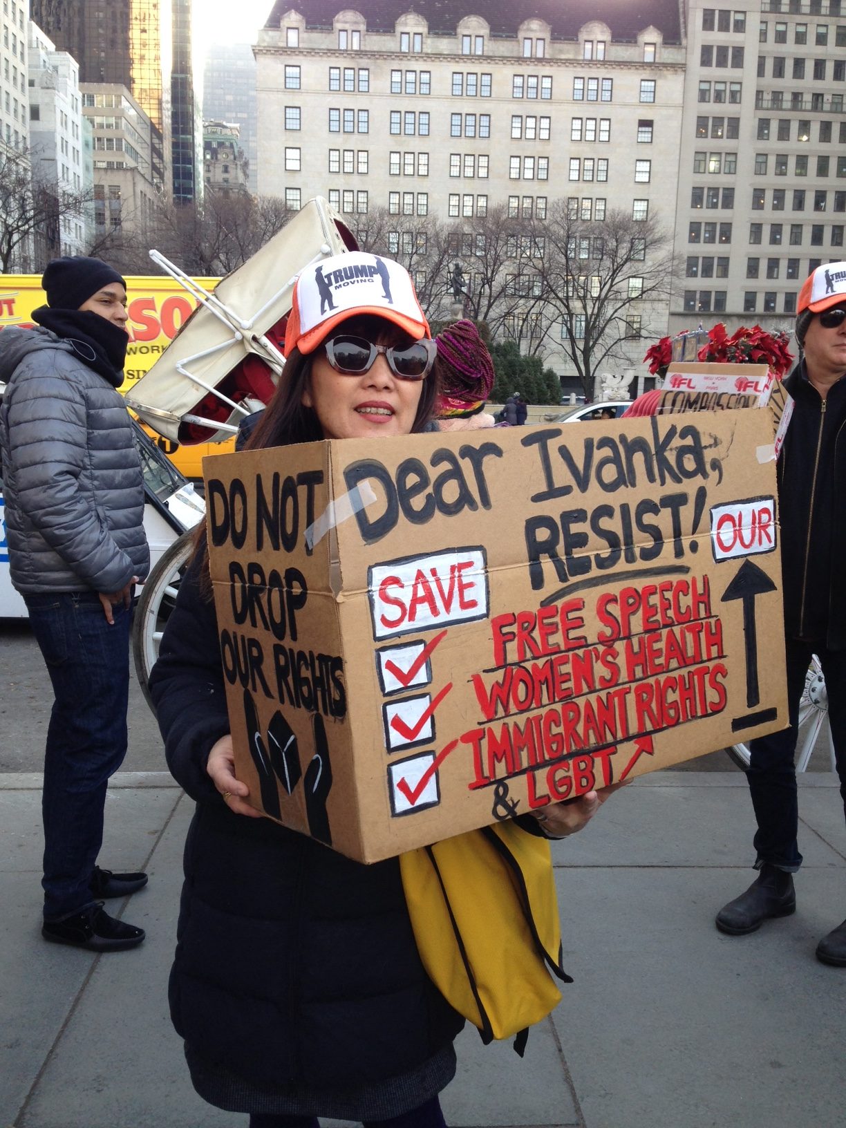 Linda Nagaoka at the Dear Ivanka Trump Moving protest. Courtesy of Sarah Cascone.