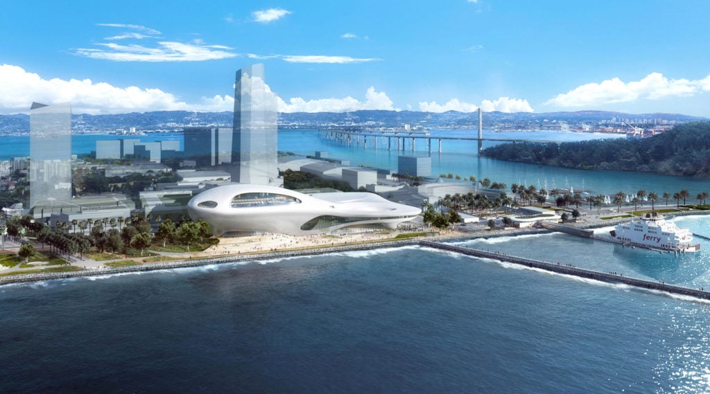 A rendering of the proposed Lucas Museum of Narrative Art design for Treasure Island in San Francisco Bay. Courtesy of the Lucas Museum of Narrative Art/MAD Architects.