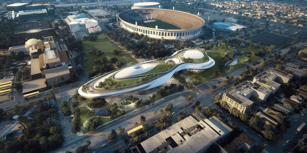 A rendering of the proposed Lucas Museum of Narrative Art design for Exposition Park in Los Angeles. Courtesy of the Lucas Museum of Narrative Art/MAD Architects.