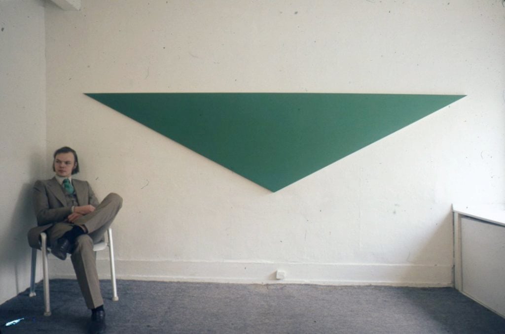 Lisson Gallery founder Nicholas Logsdail in front of Peter Joseph's Green Triangle (1969). Courtesy Lisson Gallery.