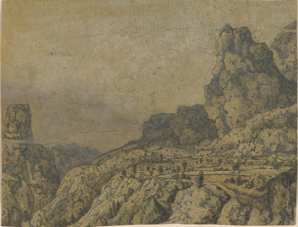 Hercules Segers, <em>Plateau in Rocky Mountains</em> (circa 1625–30). Line etching, drypoint, and metal punch printed in blue-green, on a yellow-green ground, colored with brush; second state of two. Courtesy of the Metropolitan Museum of Art. 