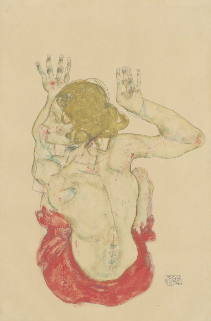 Egon Schiele, Seated Female Nude, Back View, with Red Skirt, (1914) Courtesy Albertina Vienna