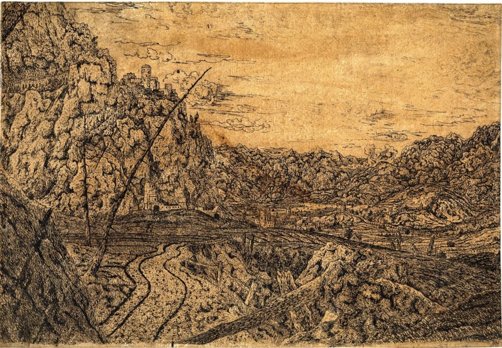 Hercules Segers, <em>Mountain Valley With Dead Pine Trees </em>. Line etching printed on light brown ground, varnished; unique impression. On loan from the British Museum, London. Courtesy of the Metropolitan Museum of Art. 