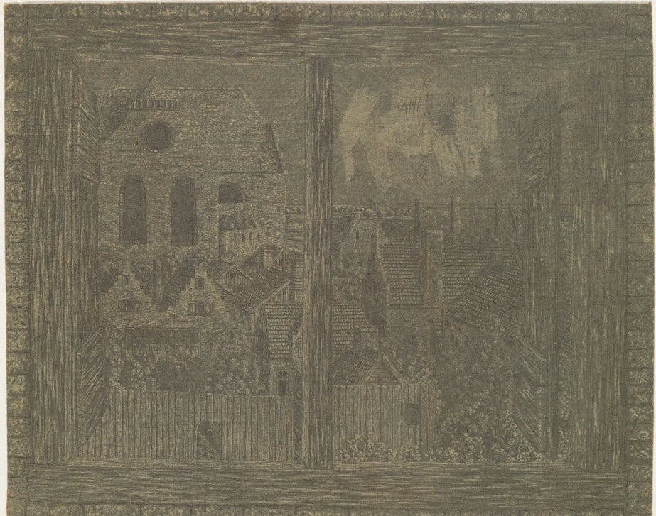 Hercules Segers, <em>View through the Window of Segers's House toward the Noorderkerk </em> (circa 1625–30). Line etching; unique impression printed in black. On loan from the Rijksmuseum, Amsterdam. Courtesy of the Metropolitan Museum of Art. 