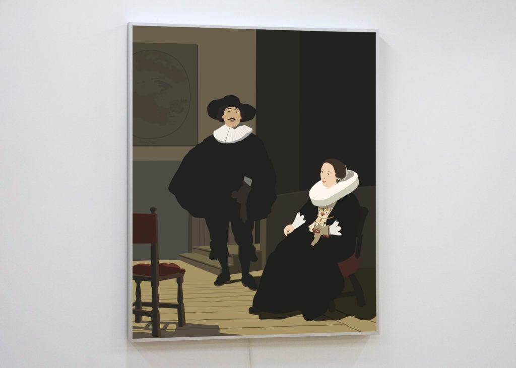 Kota Ezawa, <em>A Lady and Gentleman in Black</em> a recreation of the 1633 painting by Rembrandt van Rijn stolen in 1990 from the Isabella Stewart Gardner Museum in Boston, at Murray Guy Gallery. Courtesy of Murray Guy Gallery.