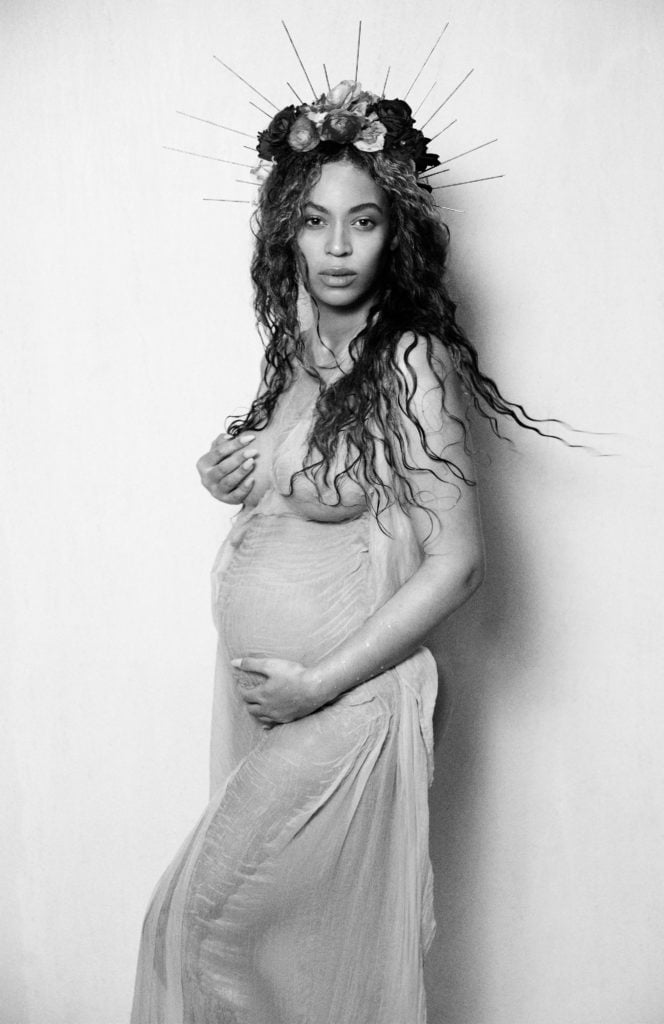 Beyoncé shared this pregnancy photograph, with the filename "Venus" (an apparent Sandro Botticelli reference) on her website. Courtesy of Beyoncé.