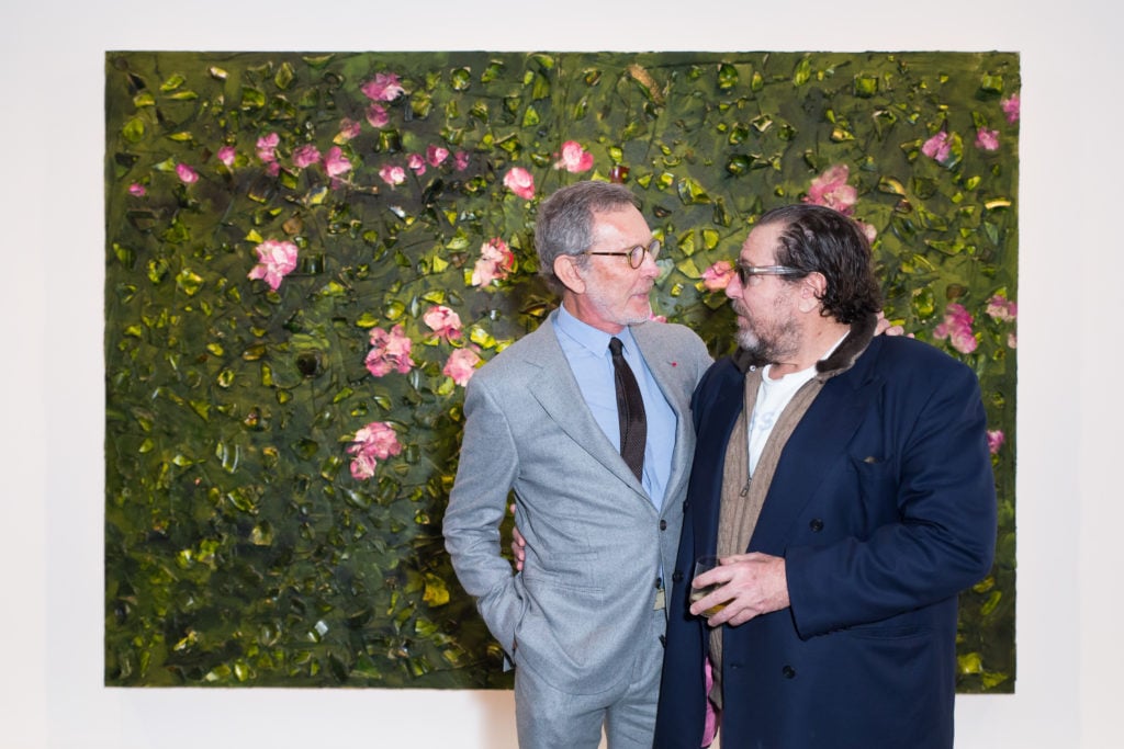 Arne Glimcher and Julian Schnabel at "Julian Schnabel: New Plate Paintings" at Pace Gallery. Courtesy of Sam Deitch/BFA. 