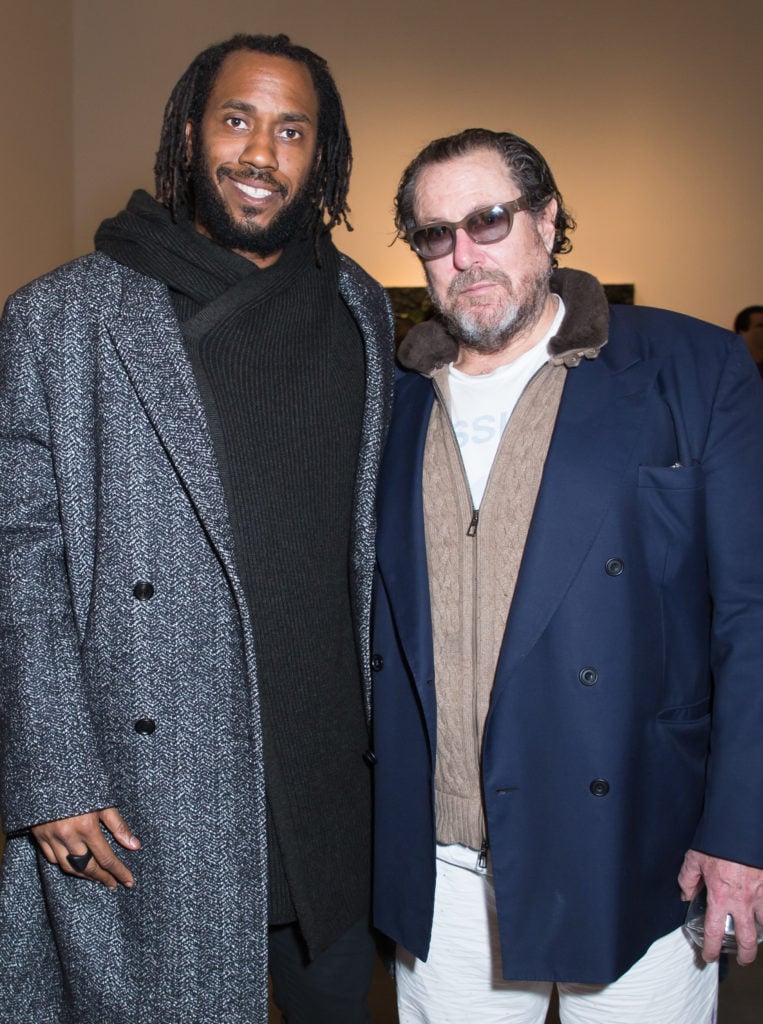 Rashid Johnson and Julian Schnabel at "Julian Schnabel: New Plate Paintings" at Pace Gallery. Courtesy of Sam Deitch/BFA. 
