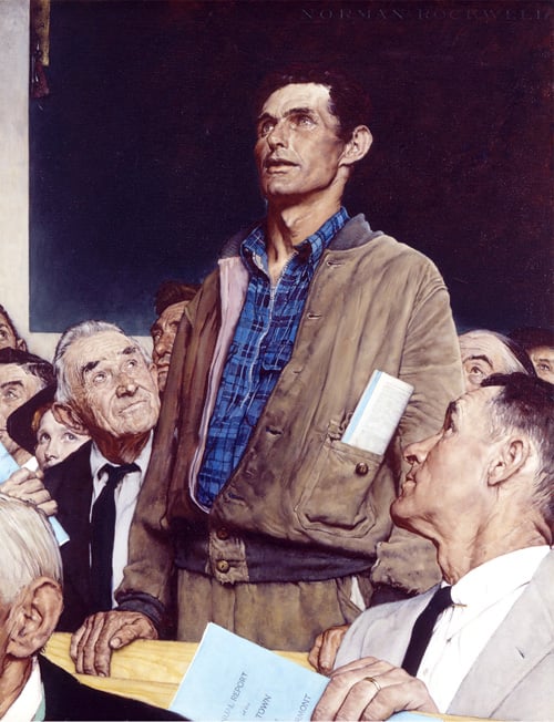 Norman Rockwell, Freedom of Speech illustration for the Saturday Evening Post. Courtesy of the Norman Rockwell Museum Collections, © SEPS, Curtis Licensing.
