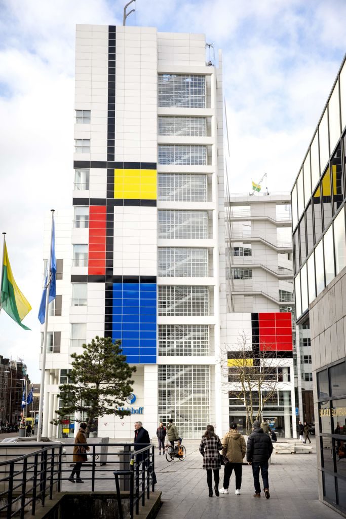 The City Hall in The Hague with its facade decorated with what Dutch officials describe as "the largest Mondrian painting in the world." Photo courtesy JERRY LAMPEN/AFP/Getty Images.