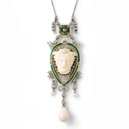 Cartier, Head of Medusa Pendant (1906), platinum, gold, enamel, diamond, pearl, and coral. Photo: Nick Welsh, Cartier Collection. © Cartier. Courtesy of the Museum of Fine Arts Boston.