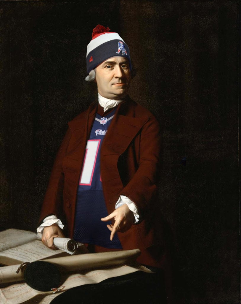Sam Adams, Photoshopped into Patriots gear by the MFA Boston for their pre-Super Bowl Twitter face off with Atlanta's High Museum. Courtesy of the Museum of Fine Arts, Boston.