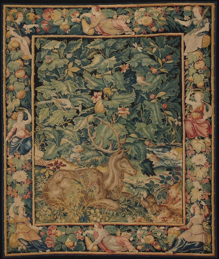 A wool and silk tapestry, Feuilles de Choux with Stag Flemish, probably Enghien, (circa 1525–1550). Courtesy Mullany Haute Epoque Fine Art.
