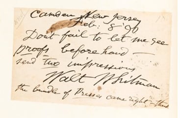 A handwritten postcard by Walt Whitman. Courtesy Heritage Auctions.