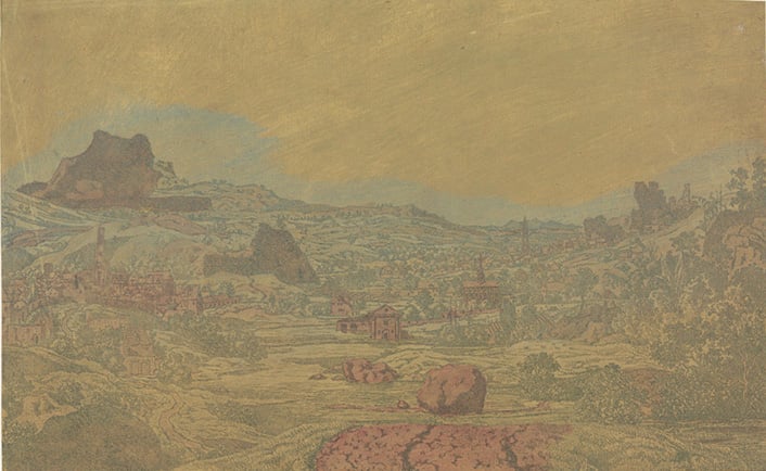 Hercules Segers, <em>Valley With a River and a Town With Four Towers</eM> (circa 1626–27). Line etching and drypoint printed in blue, on a gray green ground, colored with brush. On loan from the Rijksmuseum, Amsterdam. Courtesy of the Metropolitan Museum of Art. 