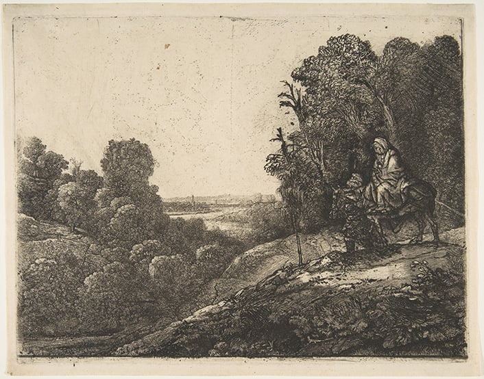 Rembrandt van Rijn and Hercules Segers, <em>Flight into Egypt: Altered from Tobias and the Angel by Hercules Segers</em> (circa 1653). Etching reworked with drypoint and burin by Rembrandt; sixth state of seven. In the Met Collection. Courtesy of the Metropolitan Museum of Art. 