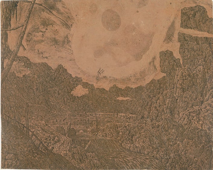 Hercules Segers, <em>Landscape With a Waterfall, Second Version</eM> (circa 1625–27). Line etching with tone and highlights on a dark pink ground, varnished; first state of four. On loan from the Rijksmuseum, Amsterdam. Courtesy of the Metropolitan Museum of Art. 