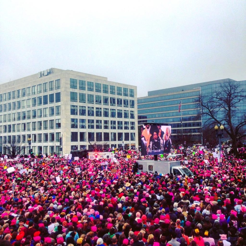 Part of the crowd, many wearing pink pussy hats, at the Women's March in Washington, DC. Courtesy of Sarah Cascone. 