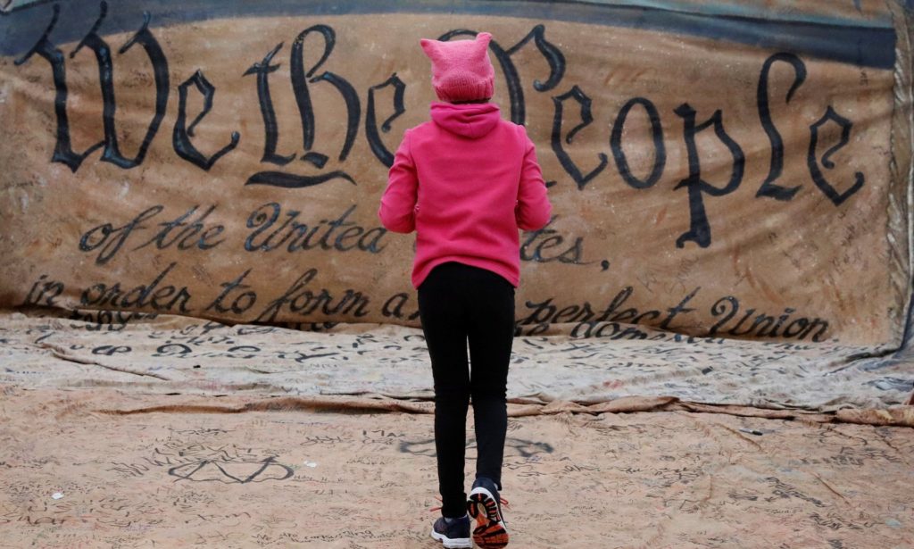 A girl wearing a pussy hat at the Women's March in Washinton, DC. Courtesy of the Backbone Campaign, via Flickr Creative Commons.