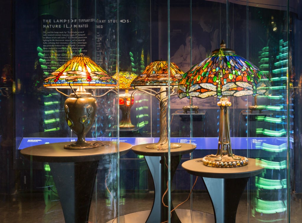 Multiple examples of the Dragonfly shade in the Gallery of Tiffany Lamps at the New-York Historical Society.  Courtesy of the New-York Historical Society/Corrado Serra.
