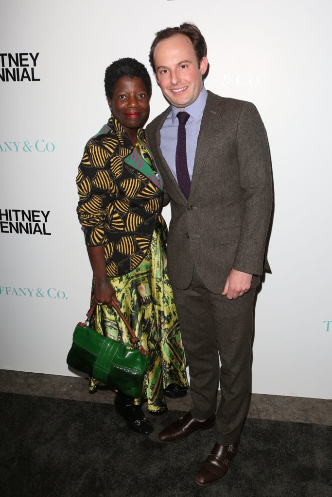 Thelma Golden and Scott Rothkopf at the 2017 Whitney Biennial opening at the Whitney Museum of American Art. Courtesy of Krista Kennell © Patrick McMullan.