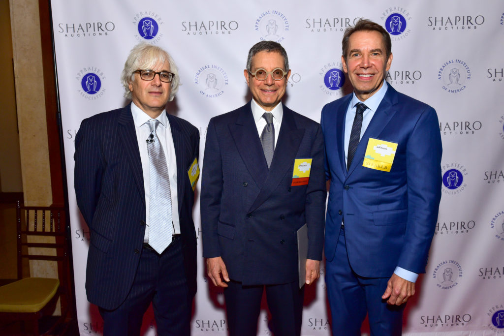 Josh Baer, Jeffrey Deitch, and Jeff Koons at the Appraisers Association of America 13th Annual Award Luncheon. Courtesy of Sean Zanni, © Patrick McMullan.