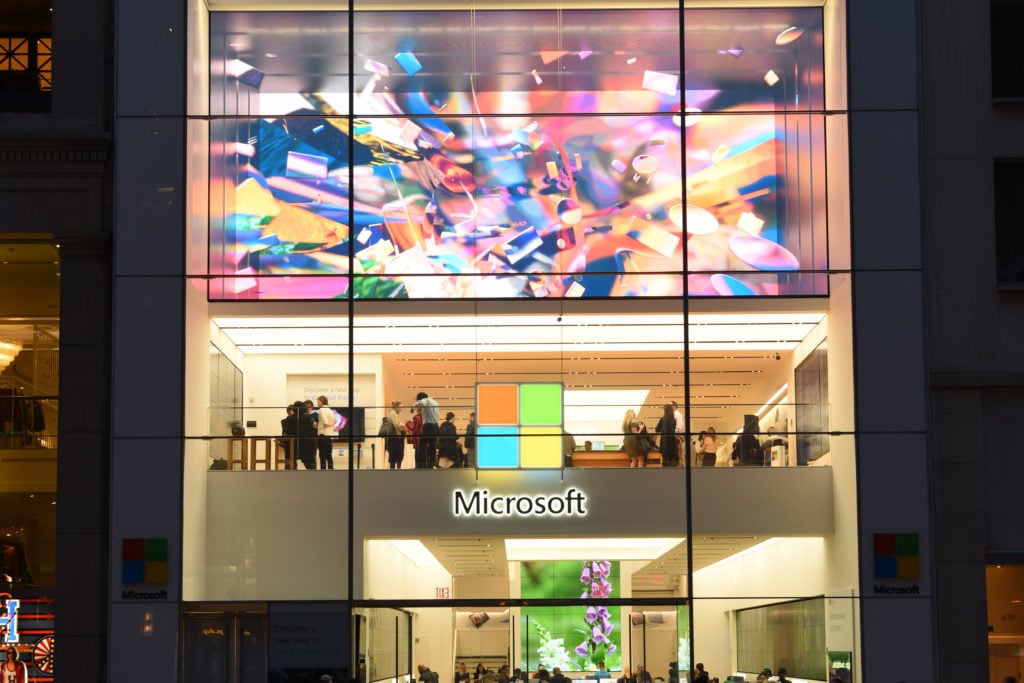 The unveiling of Tabor Robak's original art installation at the Flagship Microsoft Store. Courtesy of Dave Kotinsky/Getty Images for Microsoft.