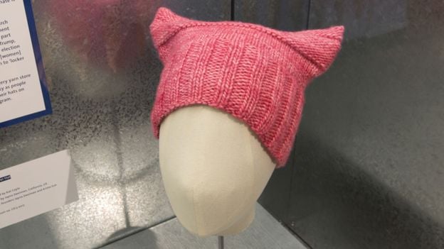 A pink pussyhat knitted by Jayna Zweiman, co-founder of the Pussyhat project, on view at the Victoria and Albert Museum in London. Courtesy of the Victoria and Albert Museum, London. 