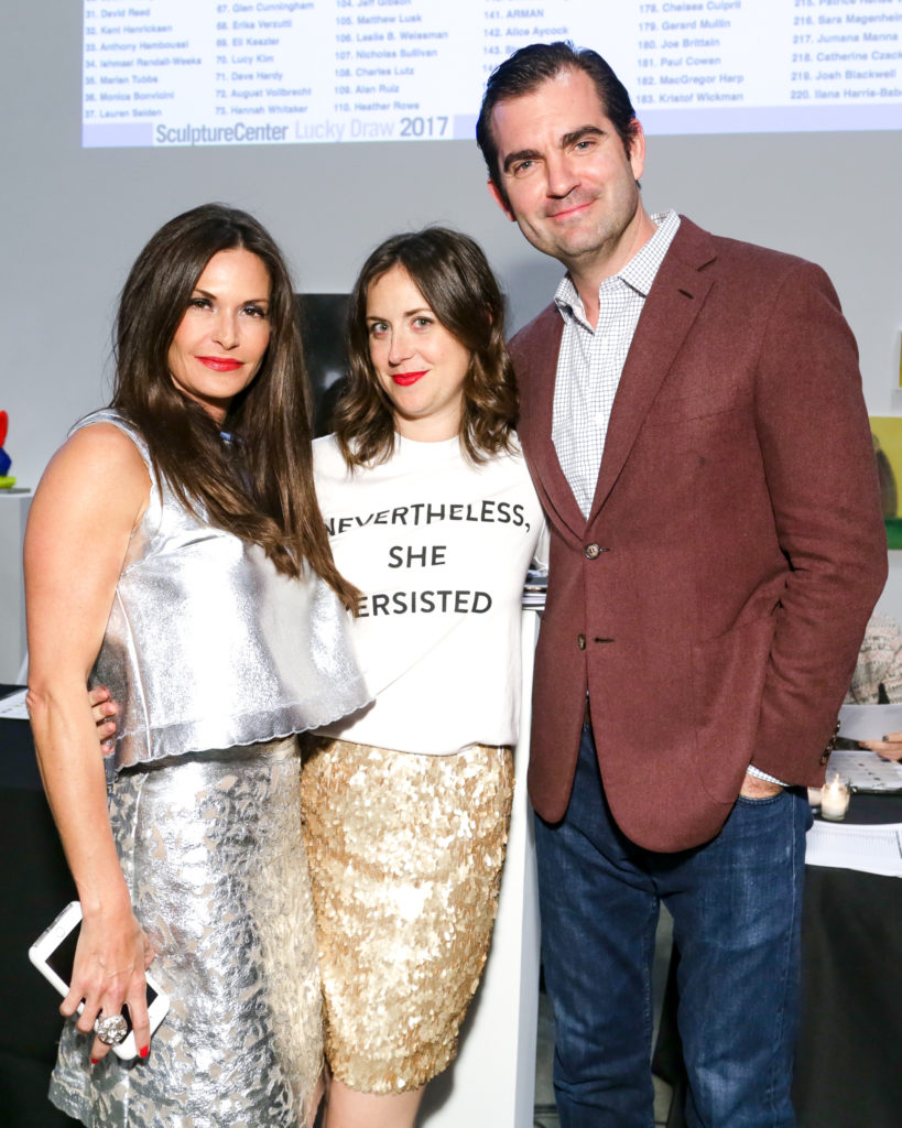 Jemilah Afshar, Sara Friedlander, and Lowell Pettit at the SculptureCenter Lucky Draw Benefit. Courtesy of Tiffany Sage/BFA.