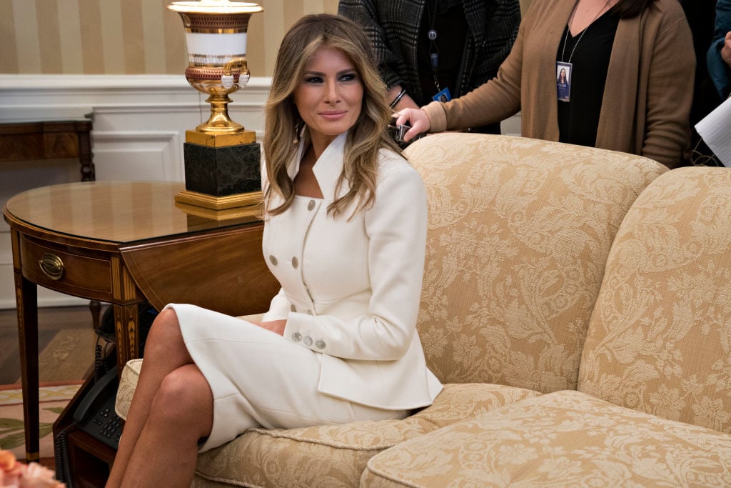 U.S. First Lady Melania Trump sits in the Oval Office during a meeting between President Donald Trump and Israeli Prime Minister Benjamin Netanyahu. Photo Andrew Harrer-Pool/Getty Images.