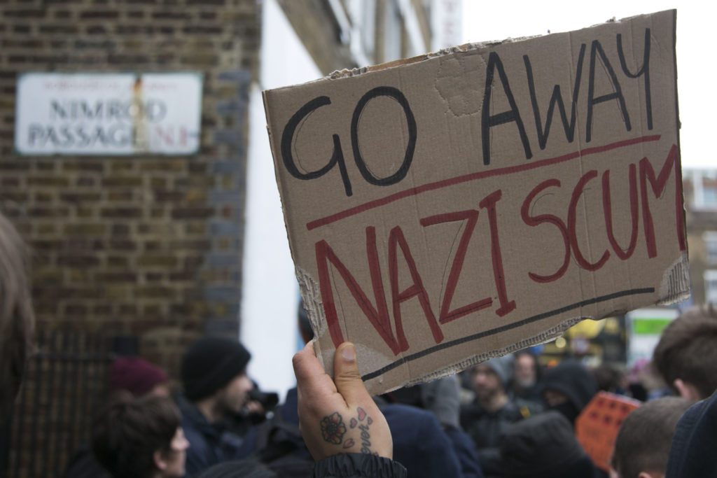 Protesters against the LD50 gallery, January 25th 2017, Hackney, Unted Kingdom. The anti-fascist activists hold up posters denouncing the gallery, accusing the gallery of supporting far right fascist policies. Photo Kristian Buus/In Pictures via Getty Images.