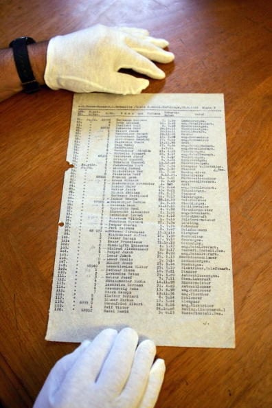 A carbon copy of the original Schindler's List following its discovery in Sydney, Australia. Photo by Sergio Dionisio/Getty Images.