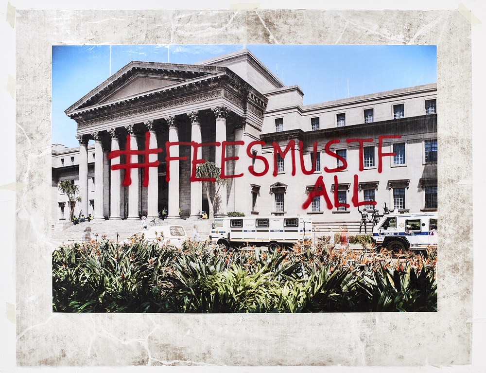 Mikhael Subotzky, Sticky-tape Transfer 19 - #feesmustfall (or Protecting the Architecture of Reason) (2016). Courtesy the artist and Goodman Gallery. Mikhael Subotzky, Sticky-tape Transfer 19 - #feesmustfall (or Protecting the Architecture of Reason) (2016). Courtesy the artist and Goodman Gallery.