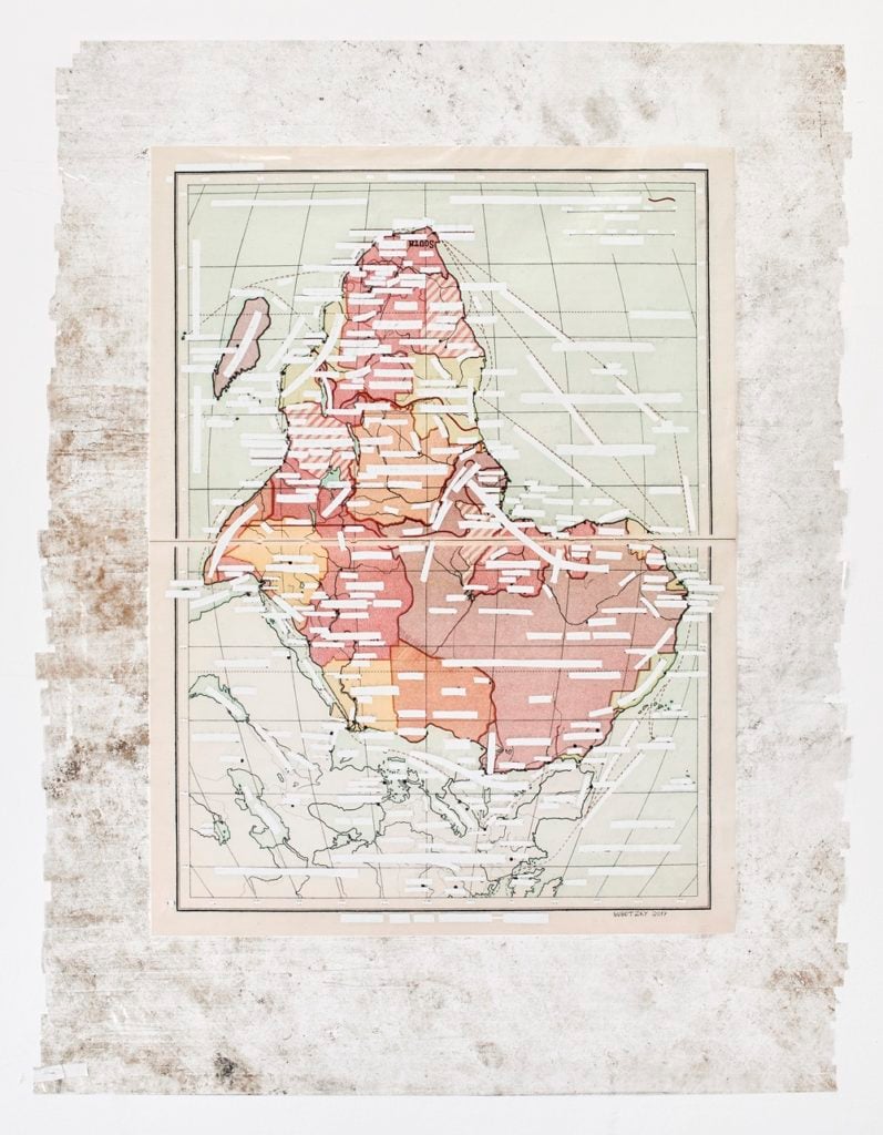Mikhael Subotzky, <i>Sticky-tape Transfer 22 - South (or Africa-Political and Sea Routes</i> (2017). Courtesy the artist and Goodman Gallery.
