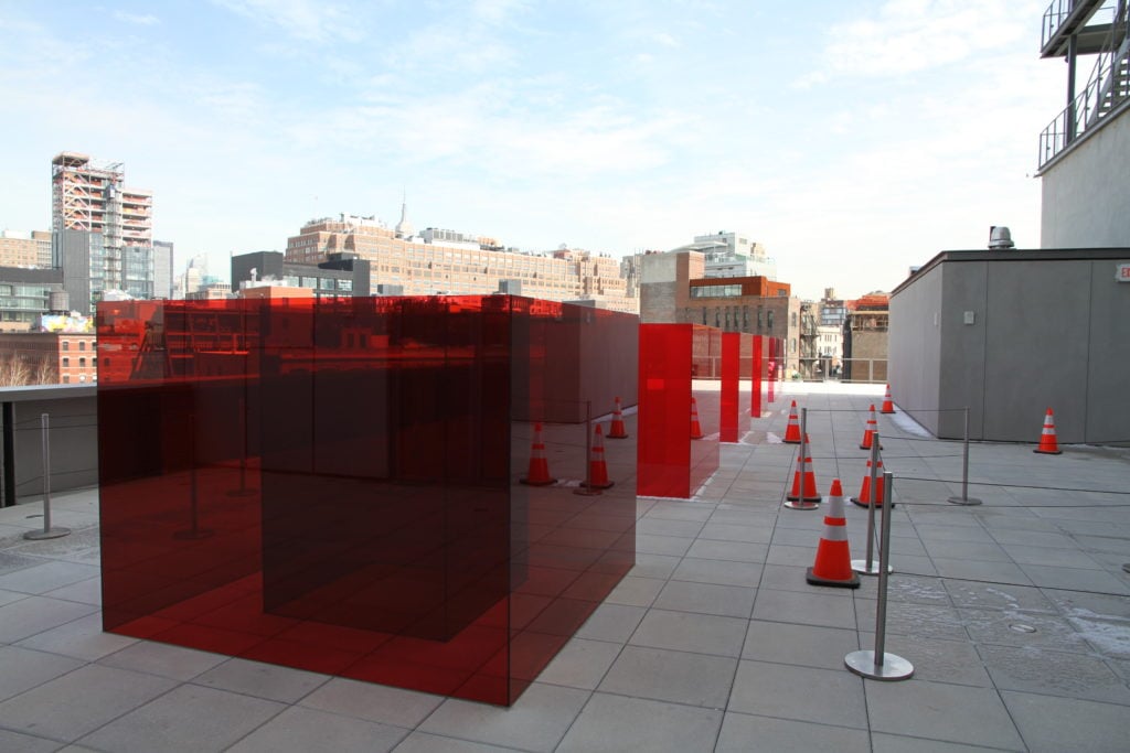Larry Bell's <em>Pacific Red</em> (2016) on view at the Whitney Museum. Photo: Henri Neuendorf.