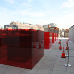 Larry Bell's Pacific Red (2016) on view at the Whitney Museum. Photo: Henri Neuendorf.