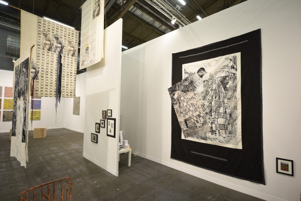 Mariane Ibrahim Gallery's booth, “Unraveled Threads,” featuring the work of Zohra Opoku, winner of the Armory Show's inaugural Presents Booth Prize. Courtesy of Teddy Wolff/the Armory Show.