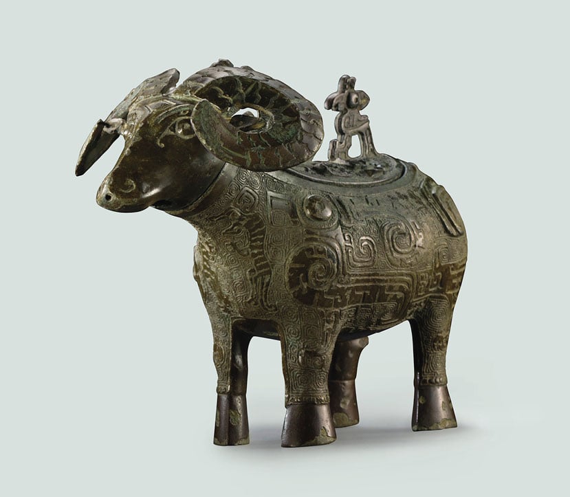 A highly important and extremely rare bronze ritual ran-form wine vessel gong, late Shang dynasty, 13th–11th century BC. Pre-sale estimate $6–8 million. Courtesy of Christie's New York.