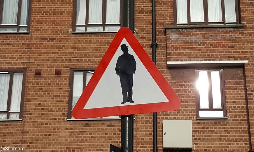 Franck Allais's traffic sign art project was interpreted as an antisemitic "Beware of Jews" message. Courtesy of the Shomrim.