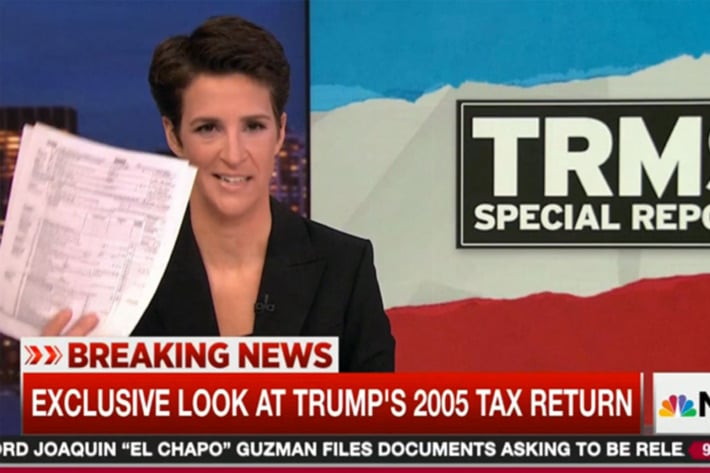 Rachel Maddow unveiling Trump's 2005 tax returns.
