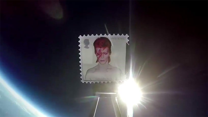 The Royal Mail's David Bowie stamp package in outer space. Screenshot from Royal Mail video.