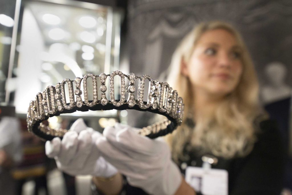 An Edwardian diamond tiara that belonged to the Spencer family being presented by Hancocks at TEFAF 2017. Image via TEFAF Twitter.