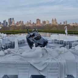 Installation view of Adrián Villar Rojas, The Roof Garden Commission: The Theater of Disappearance at the Met. Courtesy of the artist, Marian Goodman Gallery, and Kurimanzutto, Mexico City. Photo courtesy Jörg Baumann.