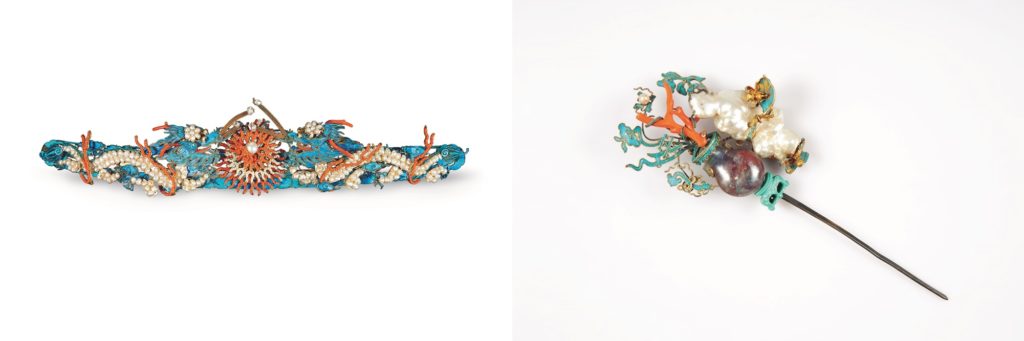 Left: Hair pin with dragon motifs, Qing Dynasty. Right: Hair pin known as "The child with a vase," Qing Dynasty. Photos courtesy the Palace Museum, Beijing.